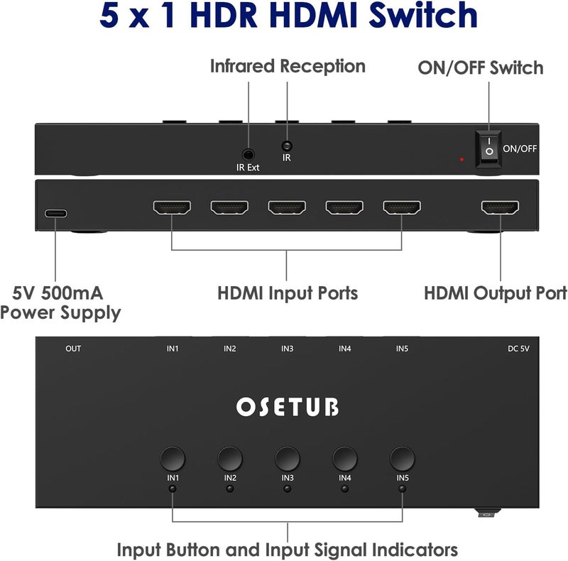 OseTub 4K@60Hz 5 in 1 Out HDMI Switch, 5 Port HDMI Switcher Selector Support HDR10 & HDCP 2.2 & Full 3D with IR Remote Control Compitable with Nintendo Switch,Xbox PS5/4,Fire Stick,Roku,Apple TV for Gaming - Image 2